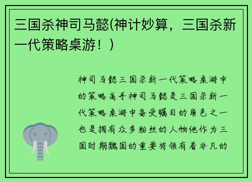 三国杀神司马懿(神计妙算，三国杀新一代策略桌游！)